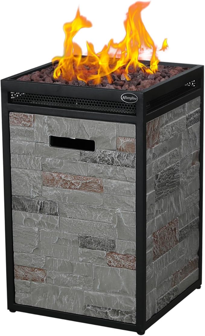 Afterglow Terrafab Grey Panels with Steel Frame 16 Square 40000 Btu Propane Fire Column Outdoor Wood Effect Fire Pit for Outdoor Patio Garden Backyard Decking Decor CSA Certificated