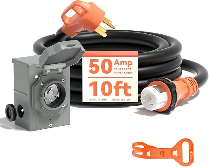 A A IN 50 Amp Generator Cord 10FT and Power Inlet Box Pre-Drilled 50 Amp Generator Inlet Box with Cord NEMA 14-50P to SS2-50R Waterproof Cable Combo Kit 125/250V ETL Listed