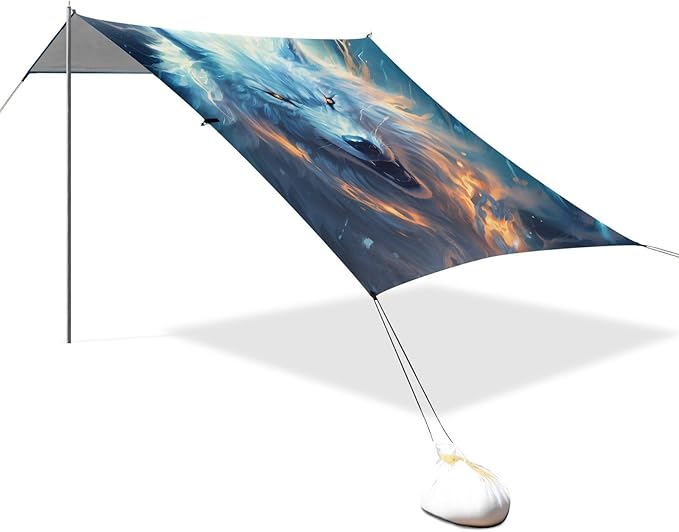 ALAZA White Wolf Howling Beach Tent Sun Shelter UPF50+ Protection Beach Shade Canopy w/ 4 Sandbags for Outdoor Camping Fishing Backyard Fun Picnic 10x9 ft