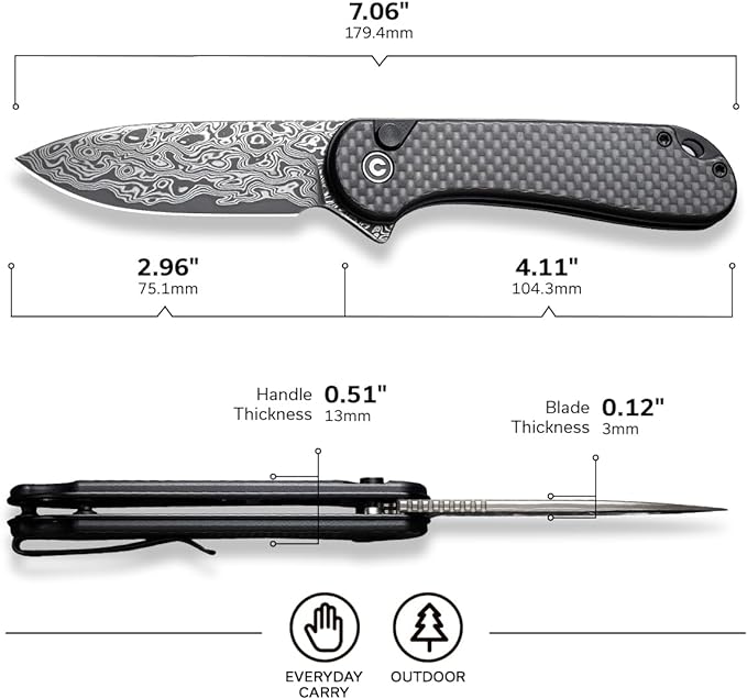CIVIVI Elementum II Pocket Folding Knife 2.96 Damascus Blade Utility Knife with Deep Carry Pocket Clip for EDC C18062PB-DS1