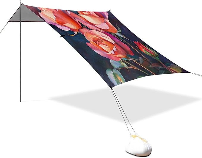ALAZA Rose Flowers Art Beach Tent Sun Shelter UPF50+ Protection Beach Shade Canopy w/ 4 Sandbags for Outdoor Camping Fishing Backyard Fun Picnic 10x9 ft