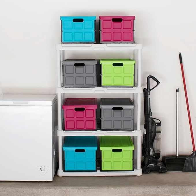 Glad Collapsible Storage Bin with Lid - 48L Foldable Plastic Box for Garage Car Trunk and Organization - Stackable Lidded Container with Handles Green