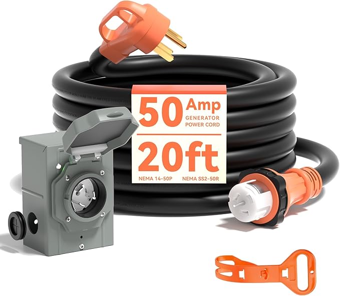 AAIN 50 Amp Generator Cord 20FT and Power Inlet Box Pre-Drilled 50 Amp Generator Inlet Box with Cord NEMA 14-50P to SS2-50R Waterproof Cable Combo Kit 125/250V ETL Listed