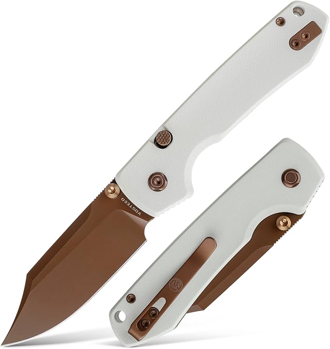 Vosteed Raccoon2.0 Bowie EDC Pocket Knife - 3.25 14C28N Copper Dune Bowie Blade - Top Liner Lock White G10 Handle - Camping Hiking Knives - A2925