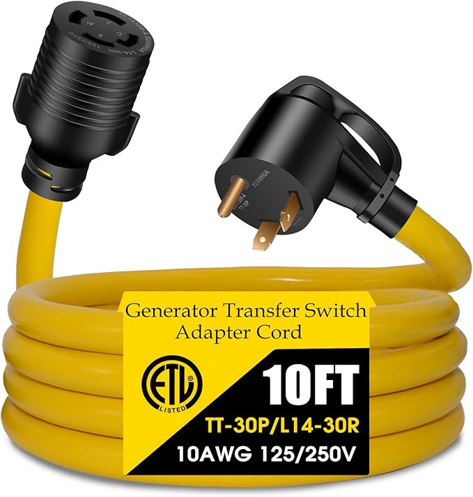 30 AMP Generator Transfer Switch Adapter Cord Heavy Duty STW 10 Gauge NEMA TT-30P Male to L14-30R Female 3 Prong to 4 Prong Generator Adapter Plug Twist Lock to House Inlet Box (10FT)