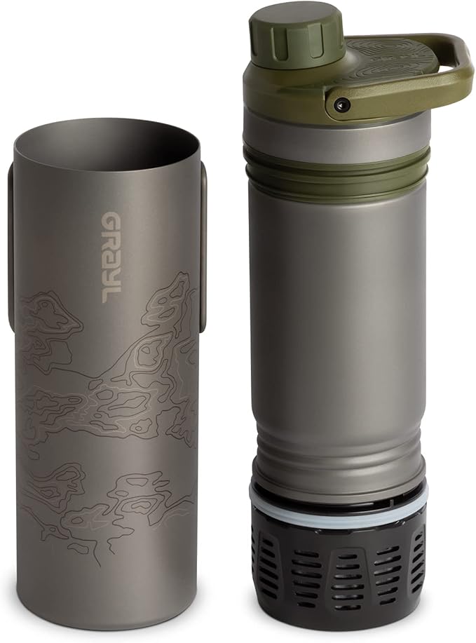 GRAYL UltraPress Titanium 16.9 oz Water Purifier &amp Filter Bottle for Hiking Backpacking Survival Bushcraft Travel (Olive Drab)