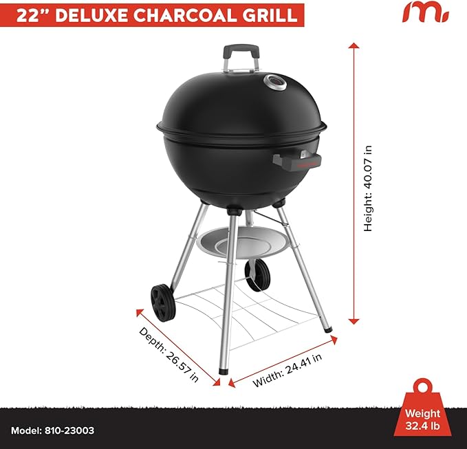 Megamaster 22 Deluxe Charcoal Barbecue Grill with Adjustable Air Vent Built-In Temperature Gauge 368 SQ. In Cooking Area Storage Rack Portable Grill for Camping Picnics and More - 810-23003