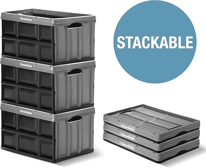 CleverMade Collapsible Storage Bins 46L (3-Pack) – Heavy Duty Collapsible Plastic Storage Bins Stackable Folding Storage Bins for Car Garage Home Organization - Foldable Bins Stone