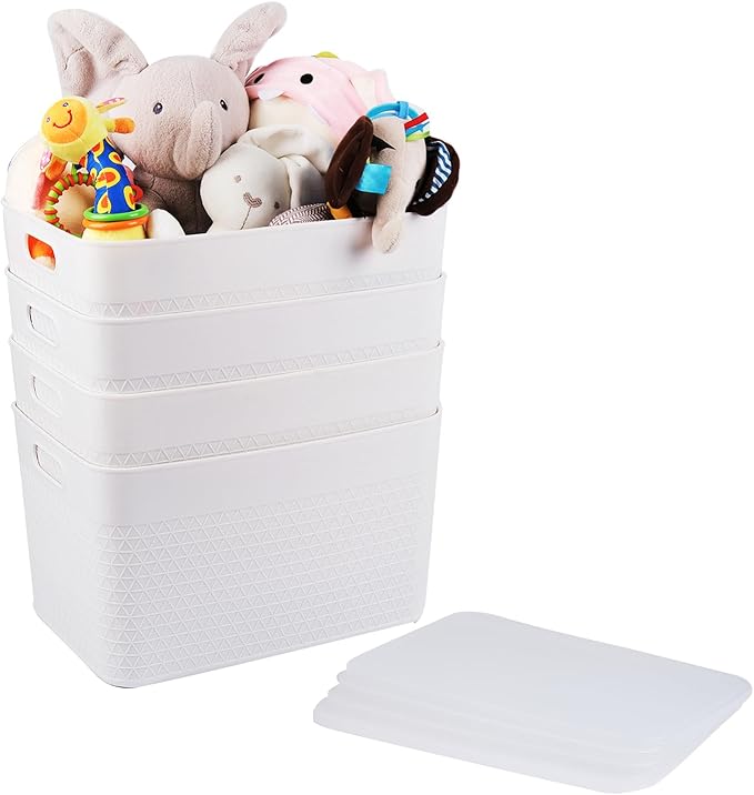 Lidded Storage Bin Organizer | Storage Organizing Container 16 Liter Set of 4 Off White