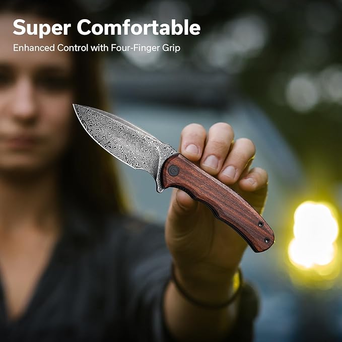 CIVIVI Folding Pocket Knife for EDC Small Mini Praxis Knife for Men Women 2.98 Damascus Blade Guibourtia Wood Handle Sharp Camping Hiking Knives C18026C-DS1