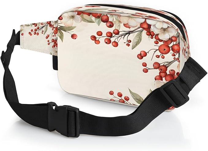 Flowery Berry Waterproof Fanny Pack for Women Men Adjustable Waist Bag with Double Zipper Pockets Lightweight Square Hip Pack for Running Travel Hiking Workout Cycling