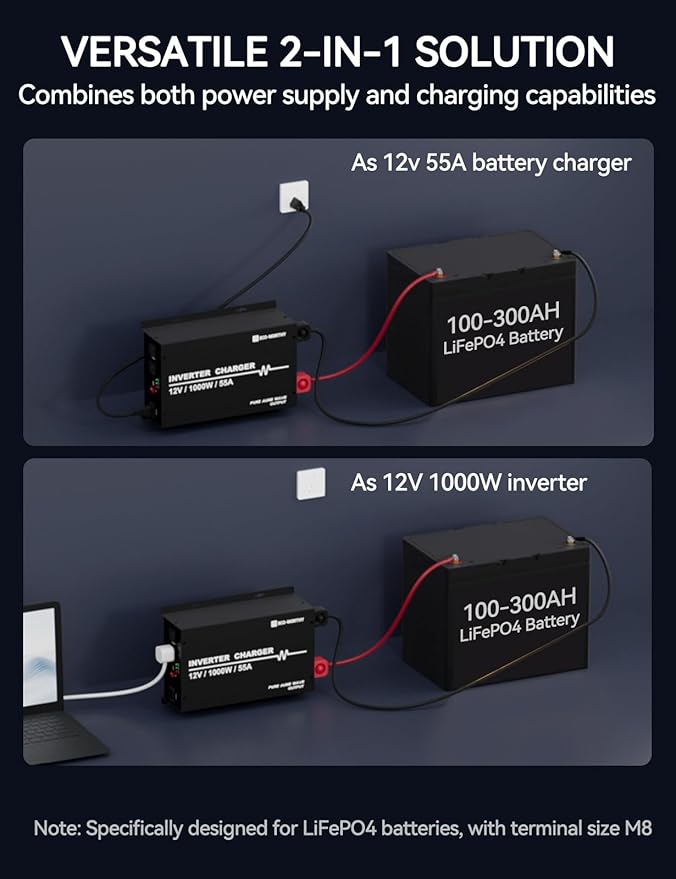 ECO-WORTHY 1000W Pure Sine Wave Inverter Charger Power Inverter with 55A LiFePO4 Battery Charger with 20ms UPS12V to 110V for RV Home Roadtrip Essentials Deep Cycle Rechargeable Battery
