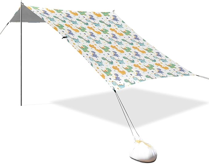 ALAZA Dinosaur Dino Cartoon Stars Beach Tent Sun Shelter UPF50+ Protection Beach Shade Canopy w/ 4 Sandbags for Outdoor Camping Fishing Backyard Fun Picnic 10x9 ft