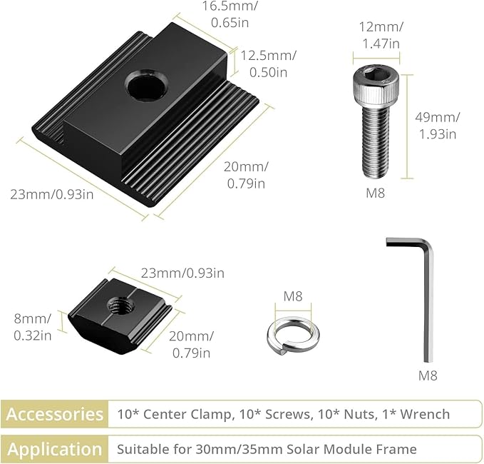 Anbte 10pcs Solar Panels Centre Clamps Aluminium T-Shaped Mid Clamps 30mm/35mm Solar Panel Mounting Brackets Solar Mounting Rail Connector for Metal Roof Tin Roof Flat Roof Sheet Roof Black
