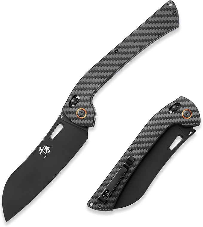 SENBON foldable chef's knife AUS-8 stainless steel with black titanium plating carbon fiber handle with back clip portable outdoor folding Santoku knife