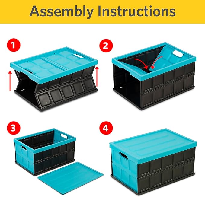 Glad Collapsible Storage Bin with Lid - 48L Foldable Plastic Box for Garage Car Trunk and Organization - Stackable Lidded Container with Handles Turquoise