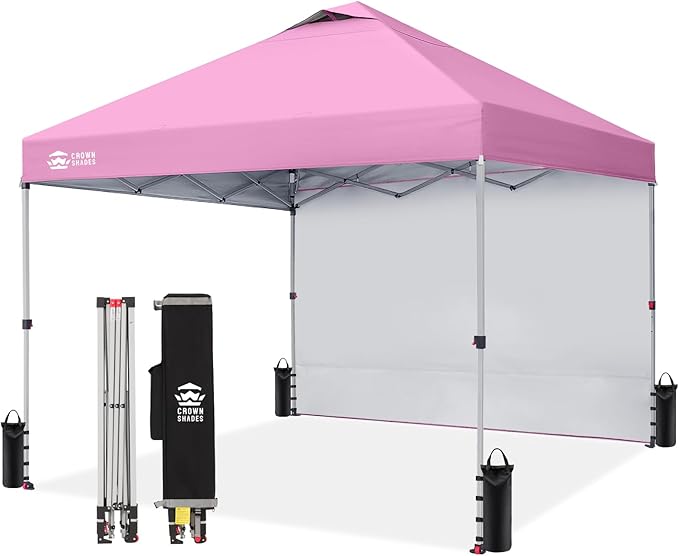 CROWN SHADES Canopy Tent 10 x 10 Foot Portable Pop Up Outdoor Shelter with 1 Sidewall Easy 1 Push Center Lock UV Protection and Carry Bag Pink