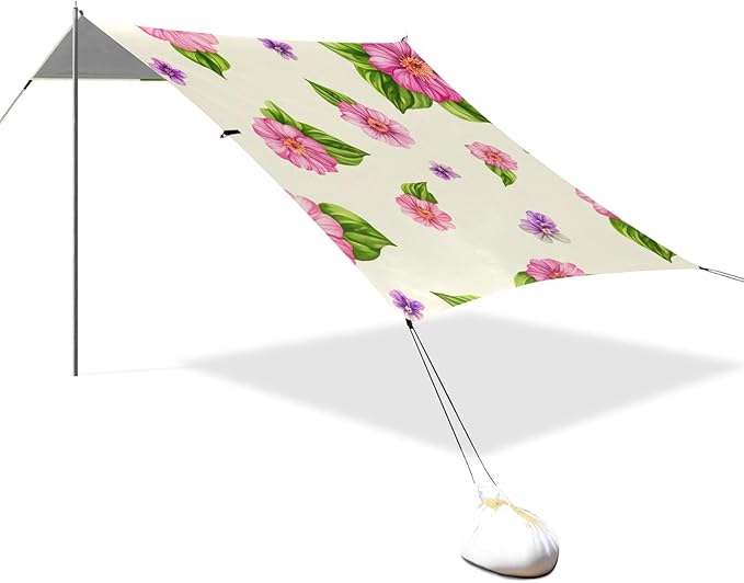 Beach Canopy with Windproof Ropes &amp Sandbags Beach Tent Sun Shade Sun Shelter for Camping Trips Fishing Backyard Fun or Picnics Flowers