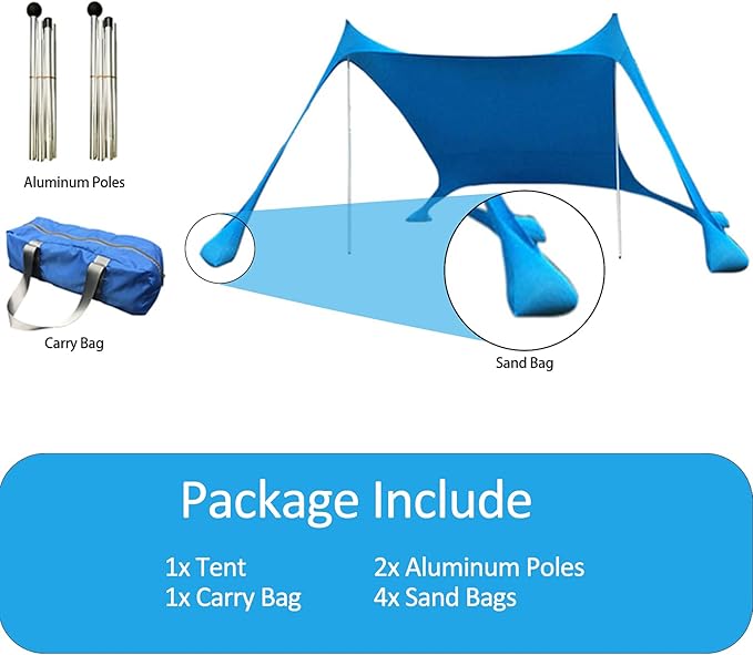 YUEWO 10x10FT Portable Family Beach Tent Sunshade Pop Up Sun Shelter 2 Poles for Beach Camping Fishing Backyard Picnic and Outdoors