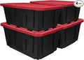 (Pack of 4) 27-Gallon Heavy Duty Plastic Storage Container Bin with Secure Snap Lid Black and Red Large Capacity Tote for Organization