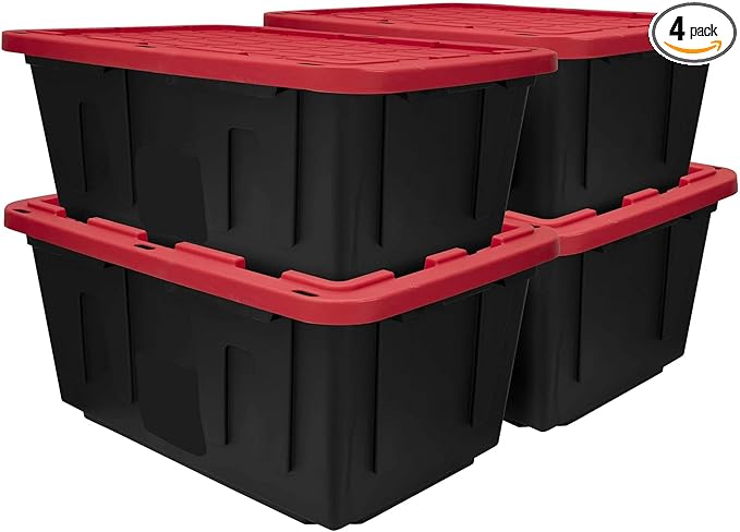 (Pack of 4) 27-Gallon Heavy Duty Plastic Storage Container Bin with Secure Snap Lid Black and Red Large Capacity Tote for Organization