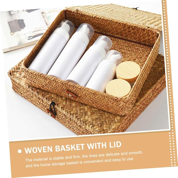 Cabilock 2pcs Woven Seagrass Storage Baskets Lid Decorative Organizers for Snacks and Household Items Natural Home Rustic Style Storage