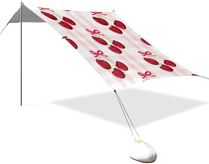 Beach Canopy with Windproof Ropes &amp Sandbags Beach Tent Sun Shade Sun Shelter for Camping Trips Fishing Backyard Fun or Picnics Cherry