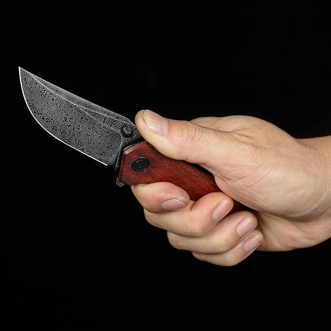 CIVIVI ODD 22 Pocket Knife for EDC Tuffknives 2.97 Damascus Blade Cuibourtia Wood Handle with Thumb Stud &amp Reversible Clip Folding Knife for Utility Hiking Camping Fishing Outdoor C21032-DS1