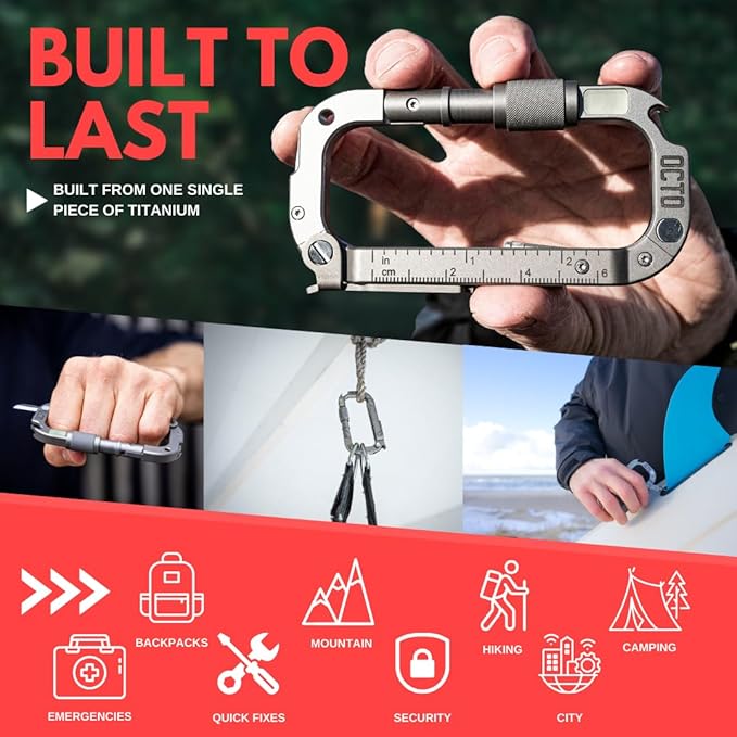 OCTO MAX 20-in-1 Titanium Carabiner Multi-Tool | Heavy-Duty EDC with Steel Knife Glass Breaker Bottle Opener Wrenches Screwdrivers &amp More
