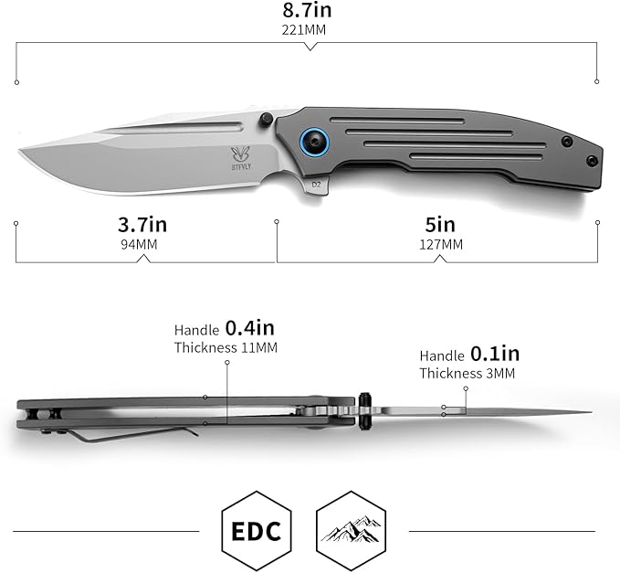 Tactical Folding Knife - 8.7in Overall Length 3.7in D2 Steel Blade Full Steel Handle EDC Pocket Knife for Camping Survival &amp Daily Carry