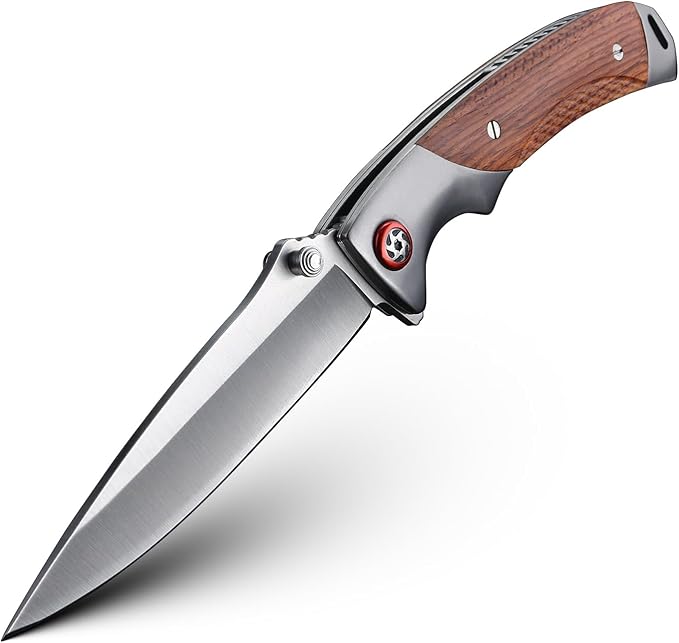 Tactical Folding Knife 4in Stainless Steel Mirror Blade Rosewood Handle EDC Knife with Safety Liner-Lock Hand-blocking Design