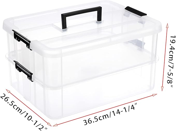 JUXYES 2-Tiers Stack Carry Storage Box With Handle Transparent Stackable Storage Bin With Handle Lid Latching Storage Container for School &amp Office Supplies