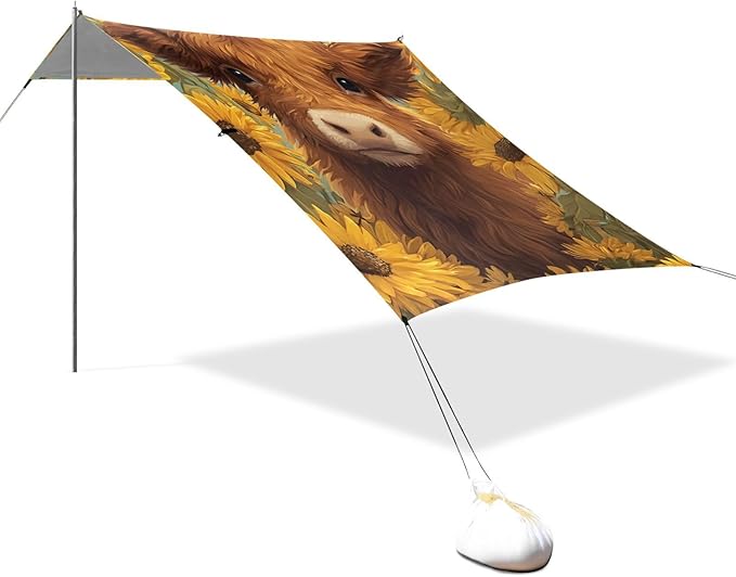 ALAZA Highland Cow Sunflower Beach Tent Sun Shelter Portable Canopy Sunshade for Outdoor Camping Picnics Backyard Fun 10x9 ft