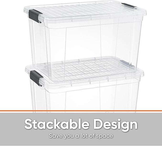 Superio Small Storage Bins with Lids- 4 Pack 4.75 Qt Clear Boxes for Organizing Stackable Plastic Containers- BPA Free Non-Toxic Odor Free Organizer for Home Office Dorm