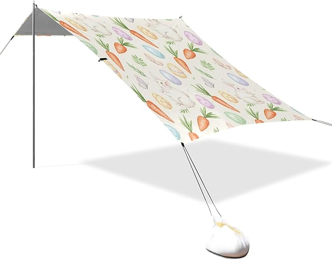 Easter Bunny Beach Canopy Sun Shelter with Sandbags &amp Sand Shovel &amp Windproof Ropes - Portable 110x126 Beach Shade Beach Tent for Camping Picnics
