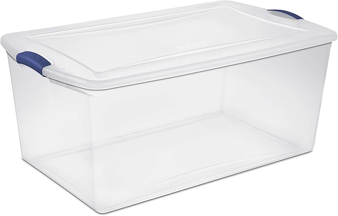(2-PACK) 105 QT Plastic Transparent Storage Box Equipped with a Blue Lock Mechanism Stackable Suitable for Household Items Seasonal Clothing Holiday Decorations and Garage Organization.