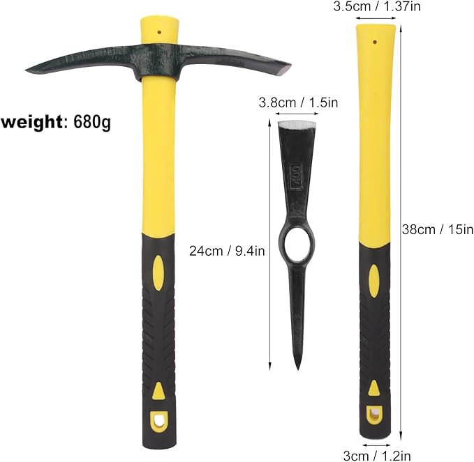 3 Packs 15 Inch Garden Pick Axes with Fiberglass HandleHand Pickaxe Cast Steel of Pick Axes Head for Gardening Camping Prospecting and Outdoor Activities