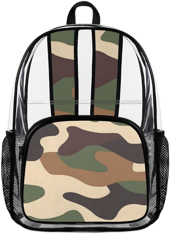 Brown Camouflage Military Heavy Duty Clear Backpack Large PVC Transparent Backpack See Through Bag for Work Sports Travel Security Stadium Events