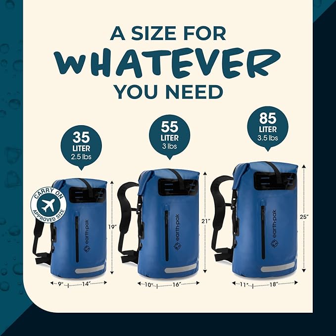 Earth Pak Waterproof Backpack - Heavy Duty Roll-Top Closure with Easy Access Front-Zippered Pocket and Cushioned Padded Back Panel for Comfort with IPX8 Waterproof Phone Case
