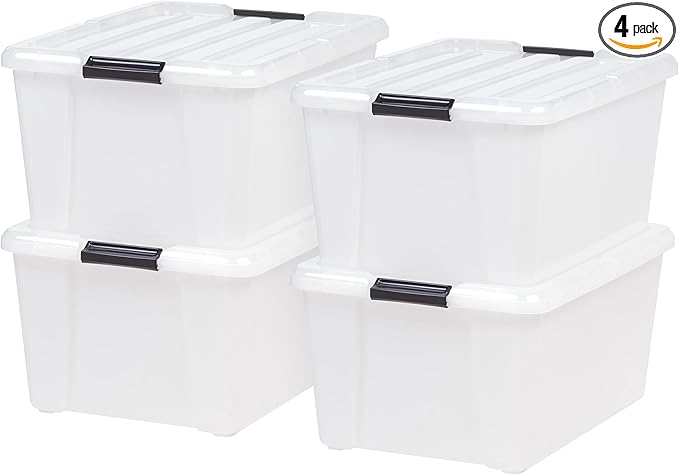 4 Pack 45 Quart Stackable Storage Bins with Lids Large Clear Plastic Containers with Secure Handles Heavy Duty Totes for Garage Pantry Holiday Decor - Space Saving