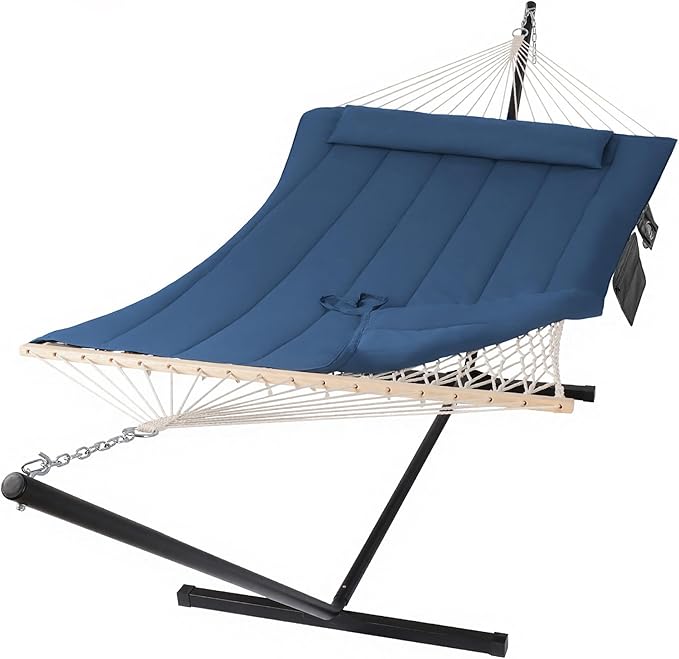 SUNCREAT Double Portable Rope Hammock with Stand Included Outdoor Two Person Hammock with Polyester Pad Navy