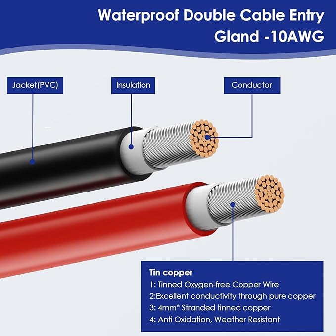 Waterproof Solar Cable Gland Entry Housing Solar Junction Box Fit for roof Panels on RV Boat Camper Van Building Garage Shack with 10Ft 10AWG Solar Extension Cable Connector