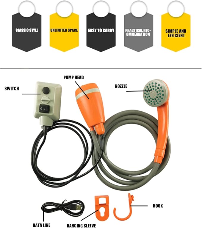 Portable Camping Shower Universal DC3.7V USB Rechargeable Camping Shower Kit for RV Yacht Car Built in 2000mAh Rechargeable Battery