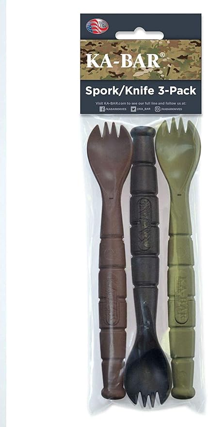 KA-BAR FIELD KIT SPORK/KNIFE - 3 Pac with 1 OD Green - 1 Black - and 1 Dark Brown