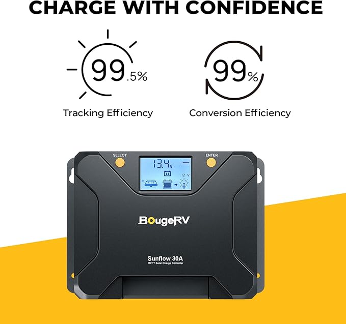 BougeRV MPPT Solar Charge Controller 30A w/ Low-Temp Cut-Off APP Control Backlit LCD 30 Amp Solar Panel Regulator 12V/24V for LiFePO4 SLD Gel FLD AGM Battery RV Marine Upgraded