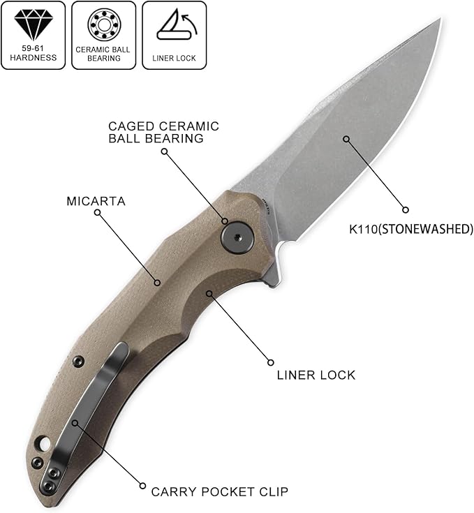 Petrified fish PFP10 Hairtail Folding Knife 3.54 K110 Stonewashed Blade 5.25 oz Micarta Handle Pocket Folding knife for EDC Camping Outdoor (Khaki Stonewashed)