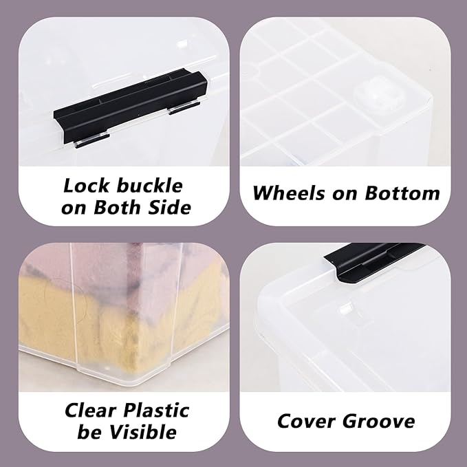 35 L 4-Pack Plastic Storage Bin with Wheels and Lids Clear Plastic Lidded Storage Container Box
