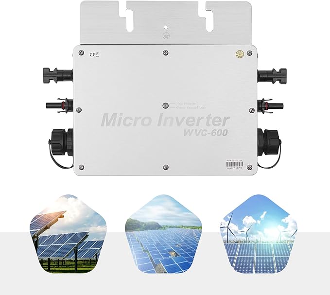 Solar Grid Tie Micro Inverter 600W 120V Waterproof Inverters Solar Powered Reversing Converter Aluminium Alloy Inverters w/AC Connection Cable for Schools Power Stations Homes
