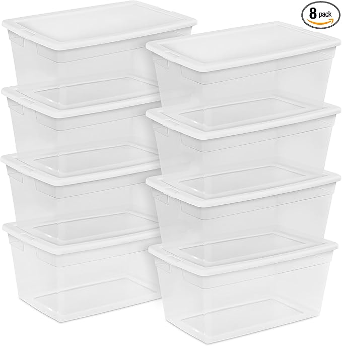 Sterilite 8-Pack 90 Quart Storage Box Stackable Clear Plastic Bins with Snap-On Lids - Heavy-Duty Organizing Containers for Closet Bathroom and Office