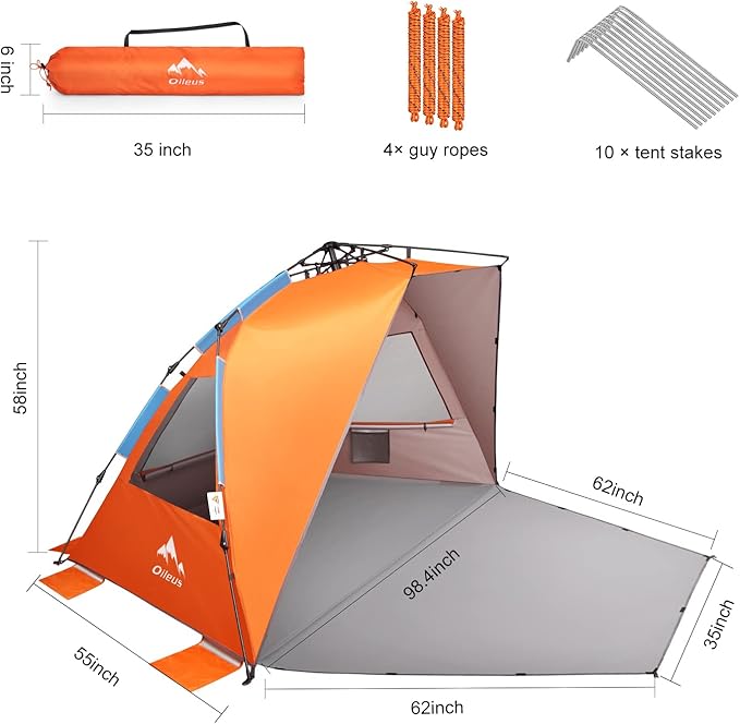 Oileus XX-Large Beach Tent Sun Shelter for 5-6 Person Portable Sun Shade Instant Pop Up Tent for Beach with Carrying Bag Stakes 6 Sand Pockets Anti UV for Fishing Hiking Camping Waterproof